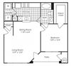 1-bedroom/1-bathroom floor plan layout with 724 square feet at Evergreens at Mahan apartments for rent in Tallahassee, FL